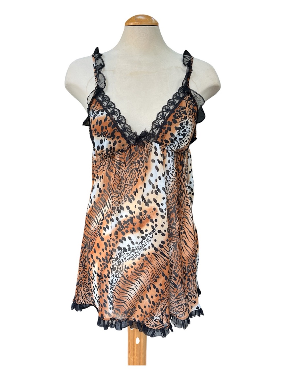 BETSEY JOHNSON Animal Print Baby Doll Chemise Sz Large Black Lace Tiger Leopard